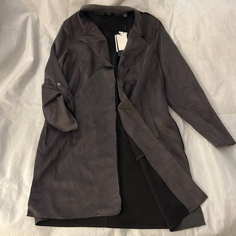 Tahari long jacket in taupe faux suede